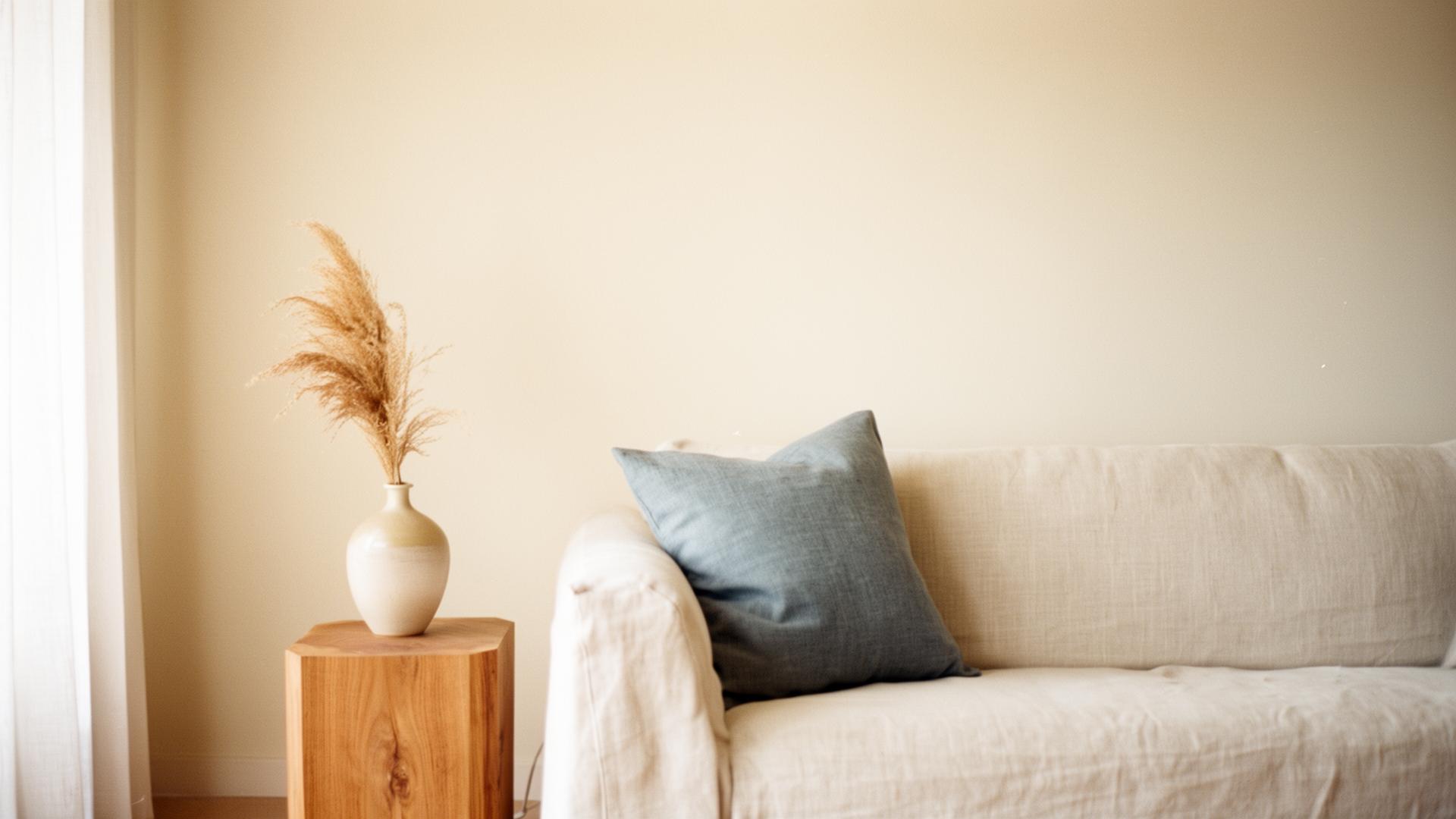 Calm minimalist living room with linen sofa and dried pampas